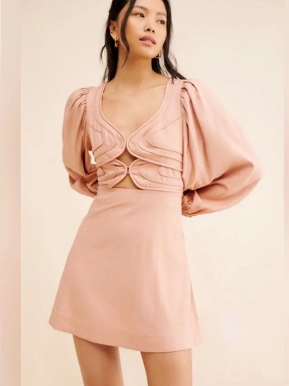 FARM Rio Linen Long Sleeve Cutout Mini Dress Size Large